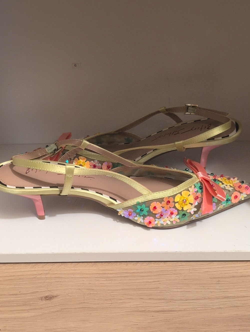 Betsey Johnson - Floral Embellished Pointed Toe Kitten Heels - Yellow & Pink